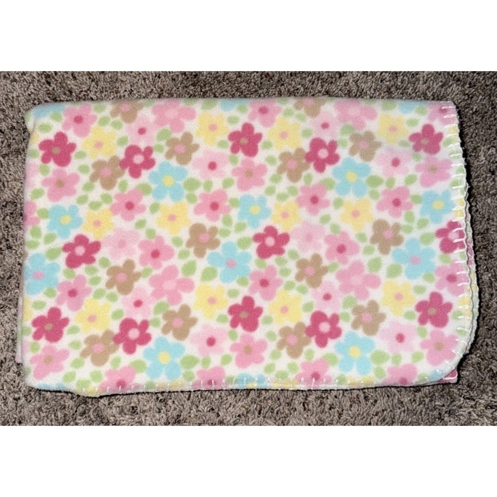 Circo‎ Floral Baby Blanket Pink Blue Yellow White Green Tan Fleece Stitched Edge
